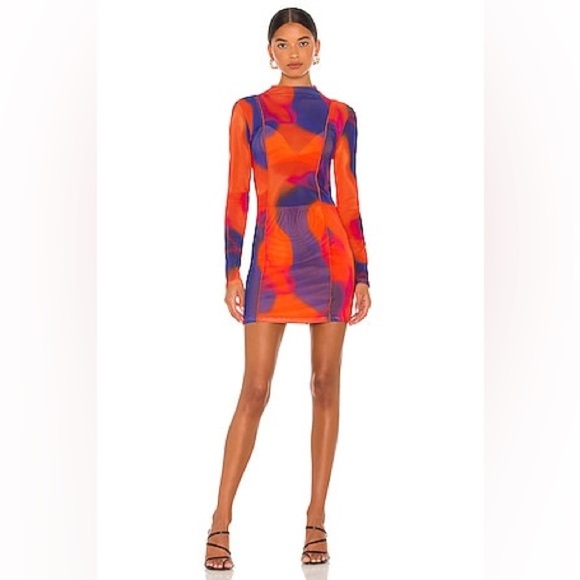 H:OURS / NWT AMETHYST mesh long sleeve MINI DRESS IN CANDY OMBRE blue red M - Picture 4 of 7